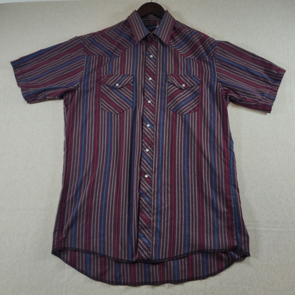 Vintage Wrangler Pearl Snap Western Shirt Mens 16.5 L Short Sleeve Striped Red